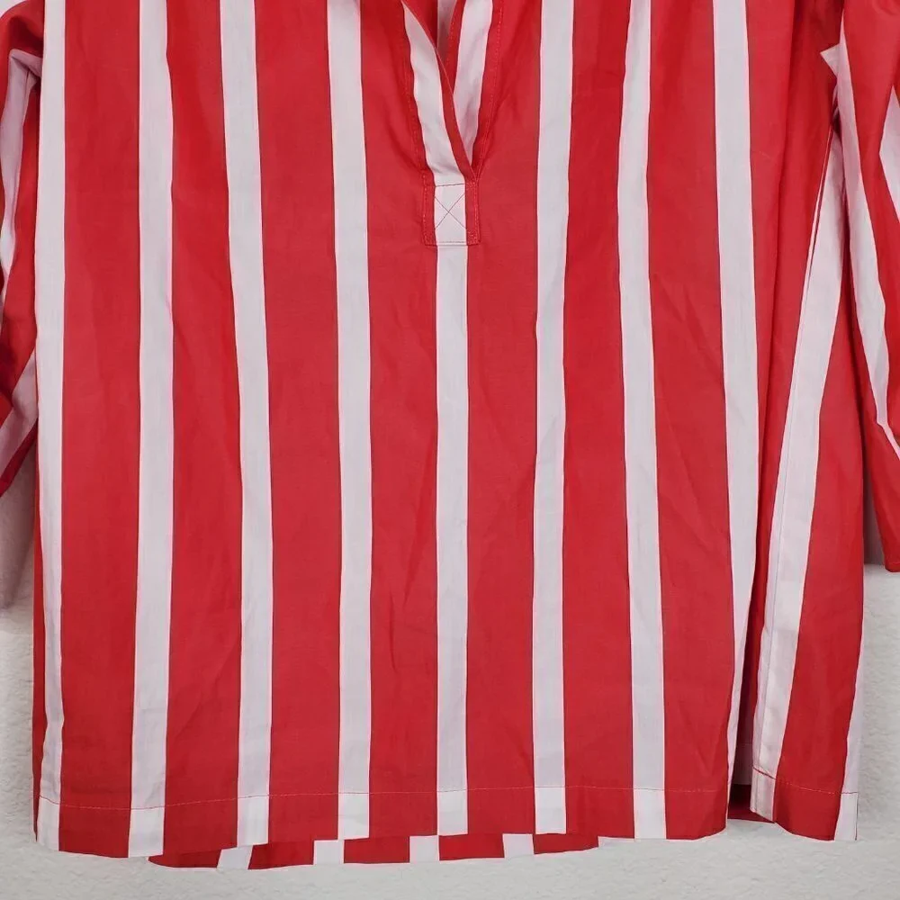 Trina Turk bees knees blouse tie sleeve boxy striped split neck pullover women M